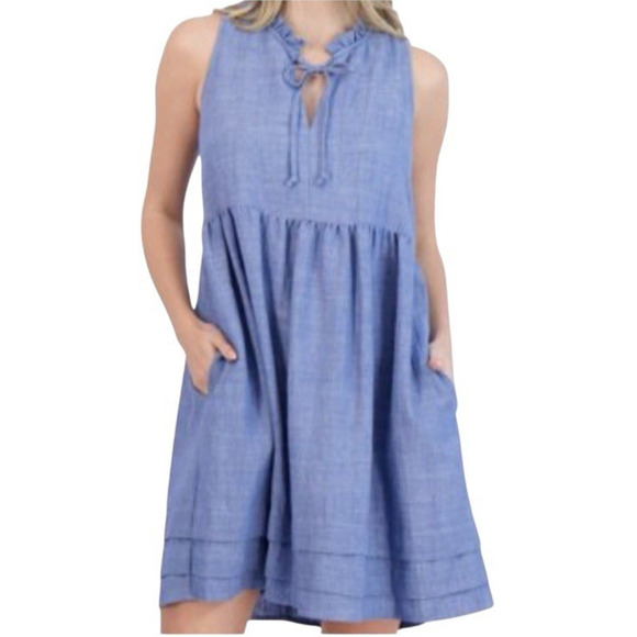 52seven Linen Blend Chambray Dress Sleeveless Size Large Blue Beach Babydoll - Picture 15 of 15